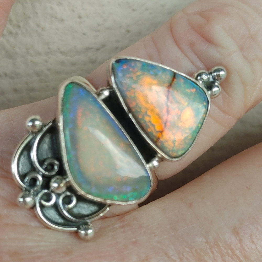 Artisan Silver Ring with Fiery Opal Accents